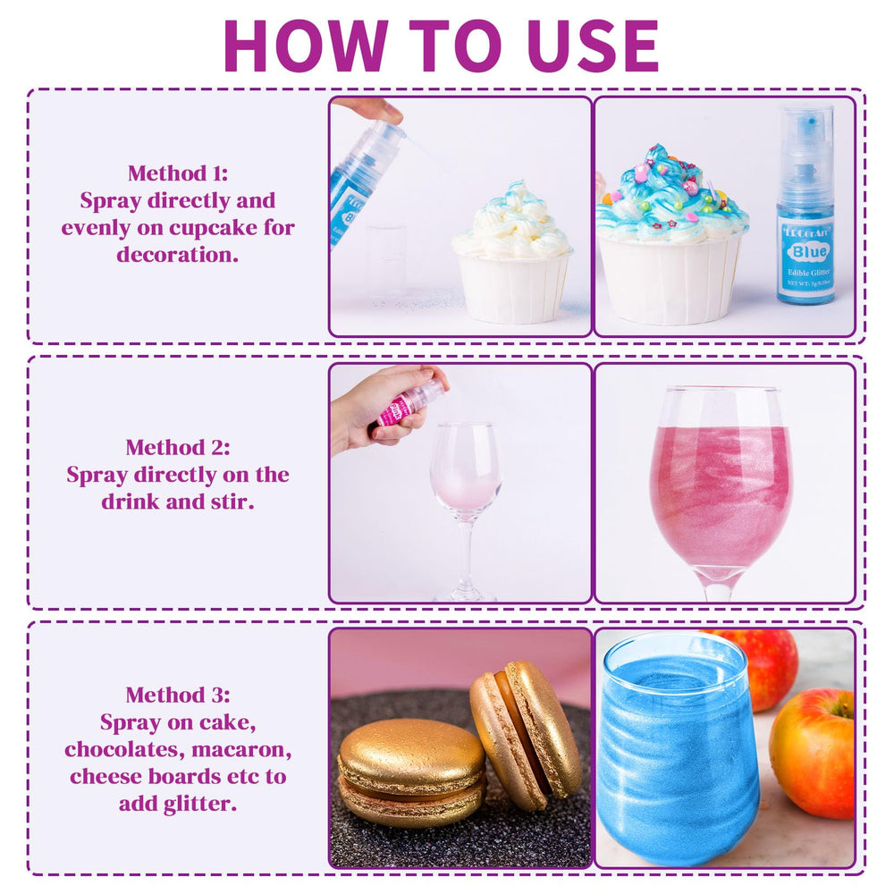 ERCorArt edible glitter spray blue bottle delivers vibrant color for cocktails and treats.