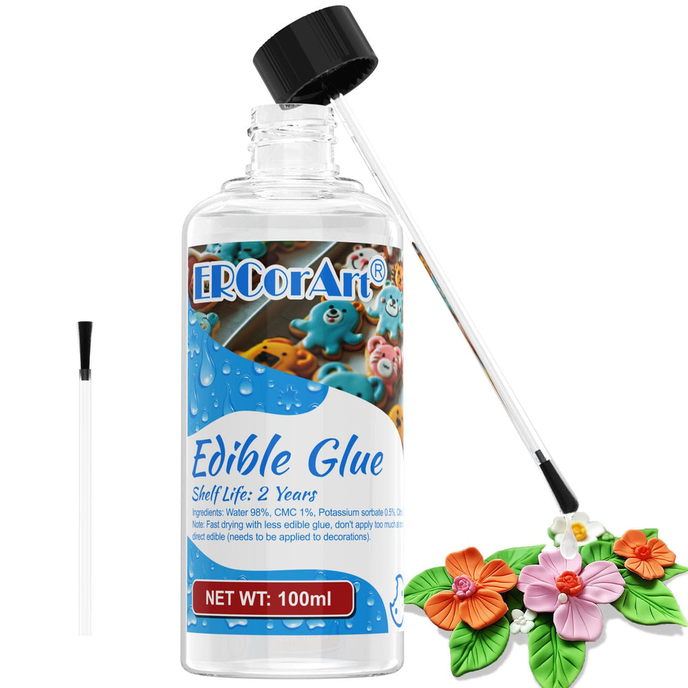 ERCorArt edible glue bottle closeup showing clear, food-grade adhesive for fondant.