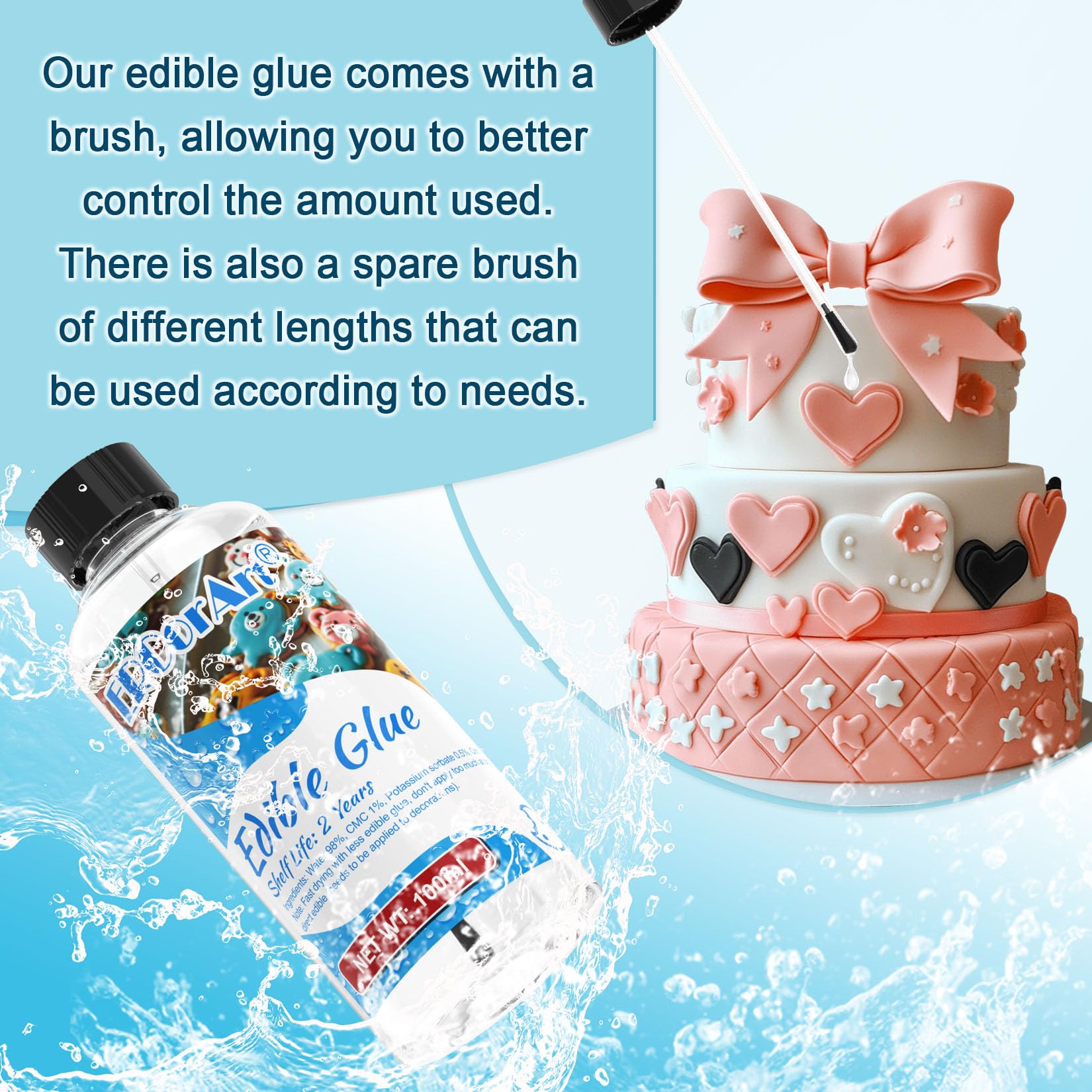 ERCorArt edible glue cake-decorating shows clear adhesion for toppers.