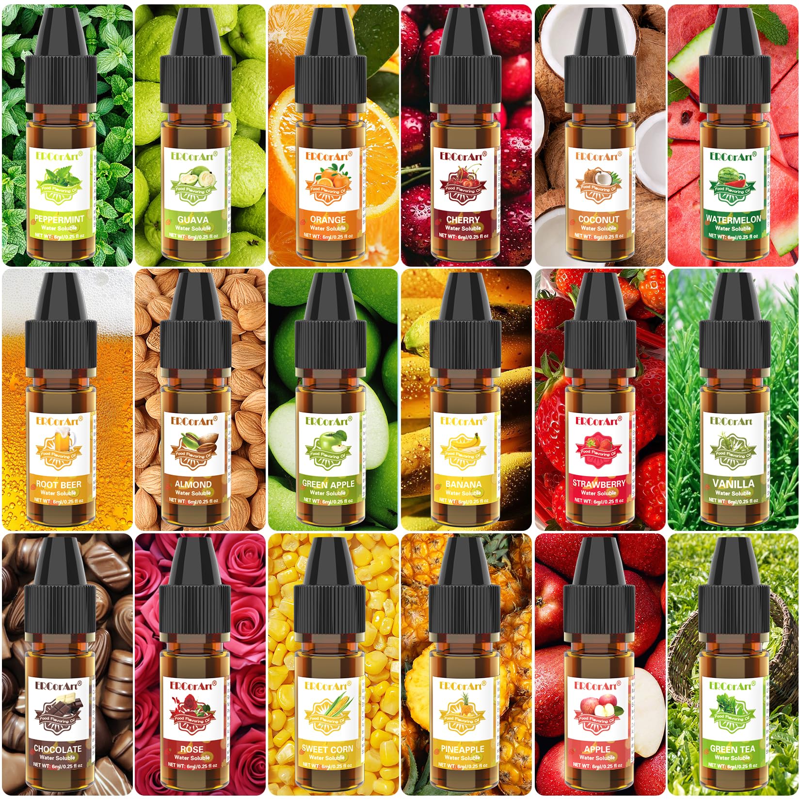 ERCorArt flavoring oil collection closeup highlights 36 flavors for experimentation