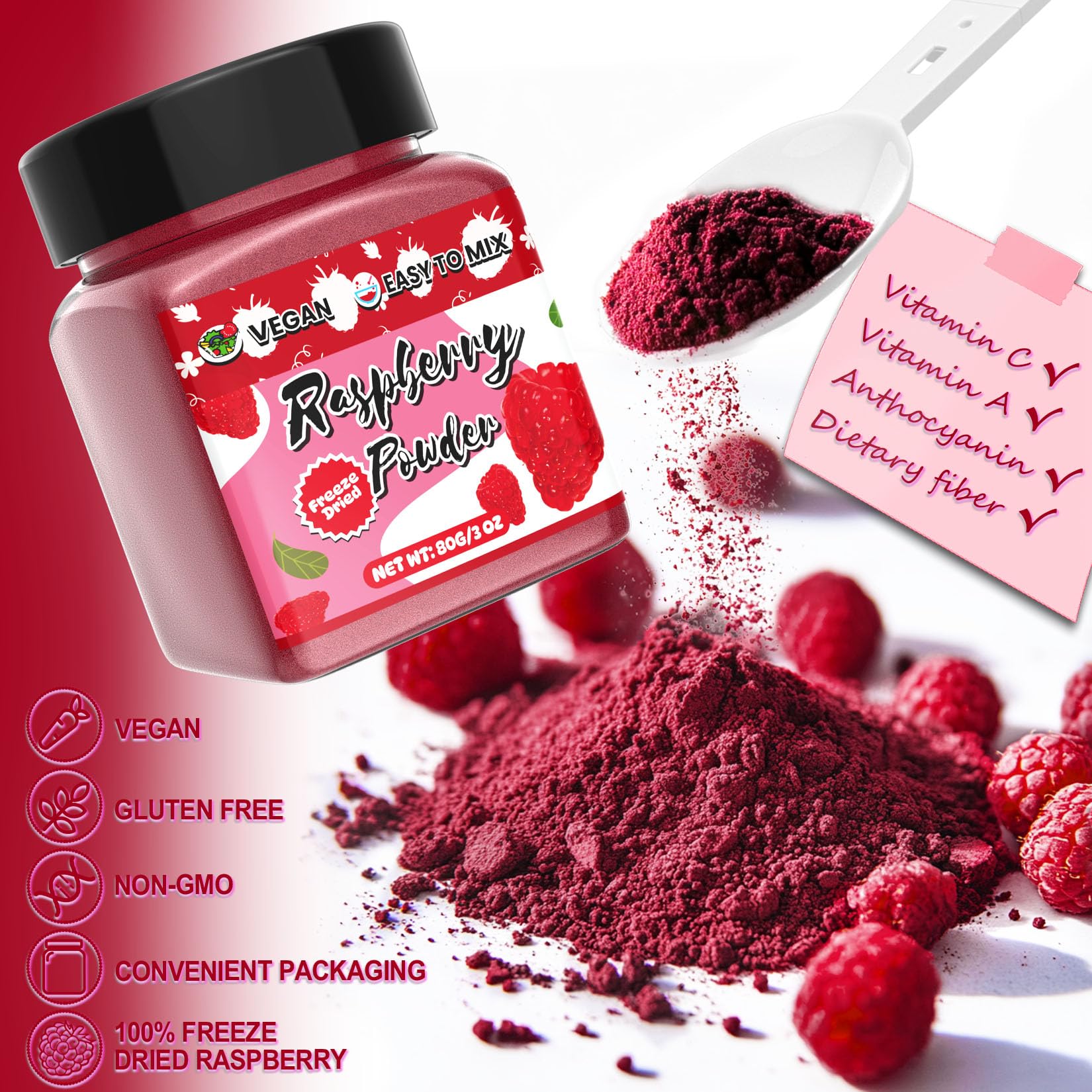 ERCorArt Raspberry Powder closeup highlights fine texture ideal for smoothies