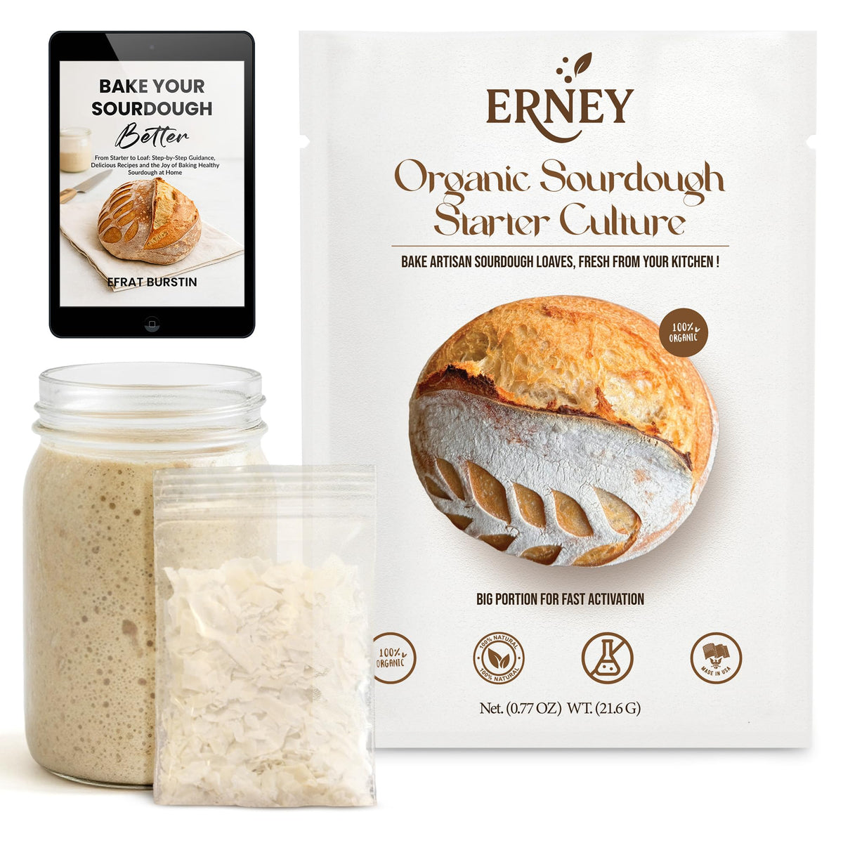 ERNEY dehydrated sourdough starter package showing organic ingredients and freshness potential.