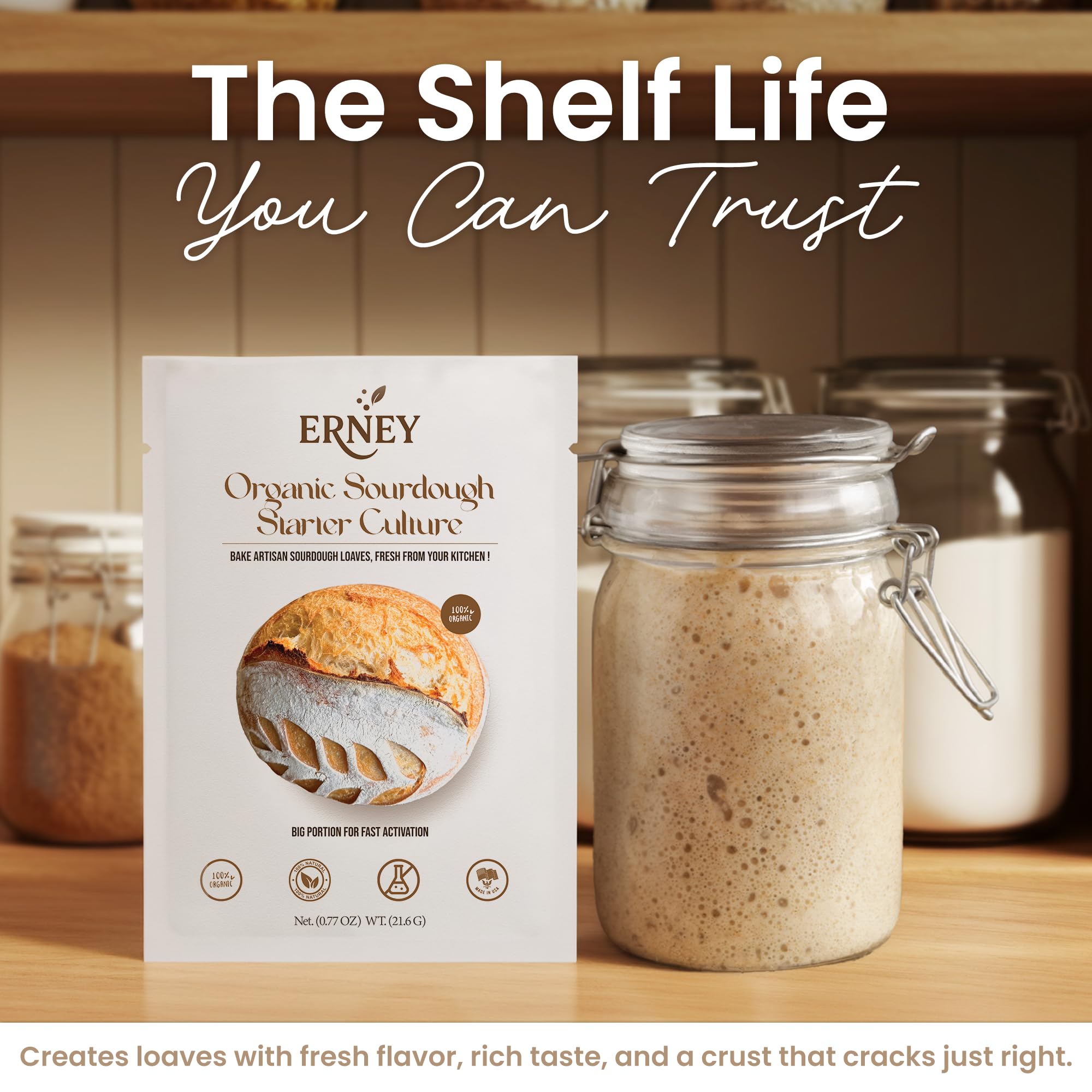 ERNEY organic sourdough flour bag emphasizing non-GMO ingredients for flavorful loaves.