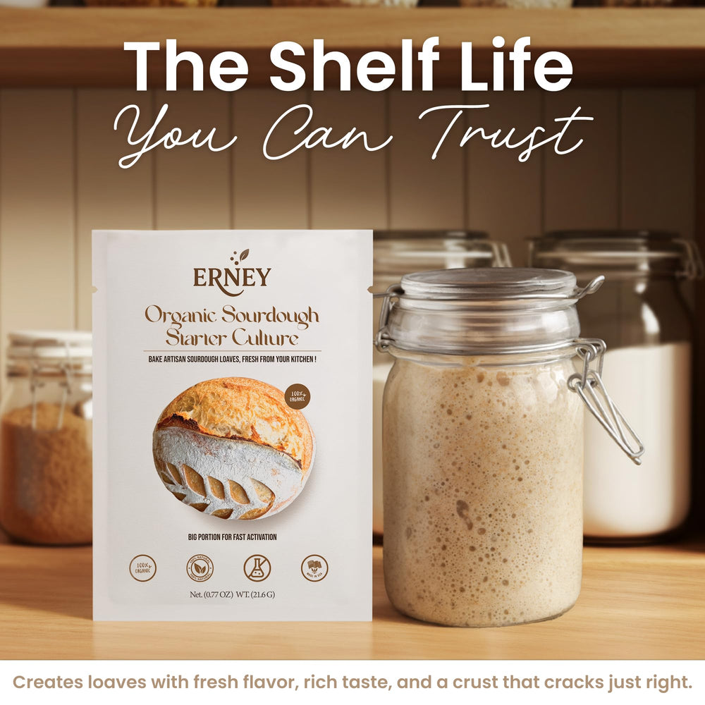 ERNEY organic sourdough flour bag emphasizing non-GMO ingredients for flavorful loaves.