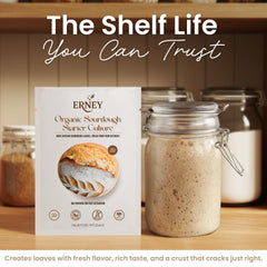 ERNEY organic sourdough flour bag emphasizing non-GMO ingredients for flavorful loaves.
