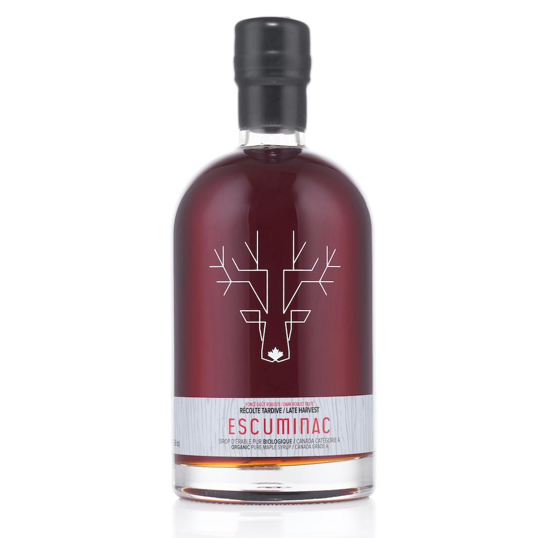 Escuminac Late Harvest Maple Syrup bottle with deep color for bold breakfasts