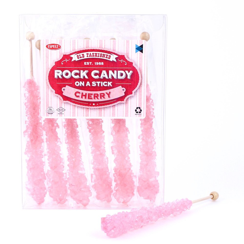 Espeez extra-large pink cherry rock candy sticks in a 6-stick pack for bold dessert displays.