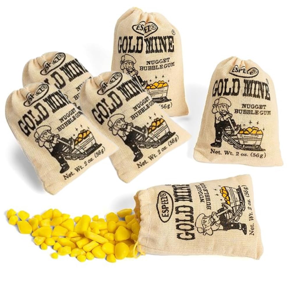 Espeez Old Fashioned Bubble Gum Gold Mine Nugget Gum in burlap bags, ideal for party favors