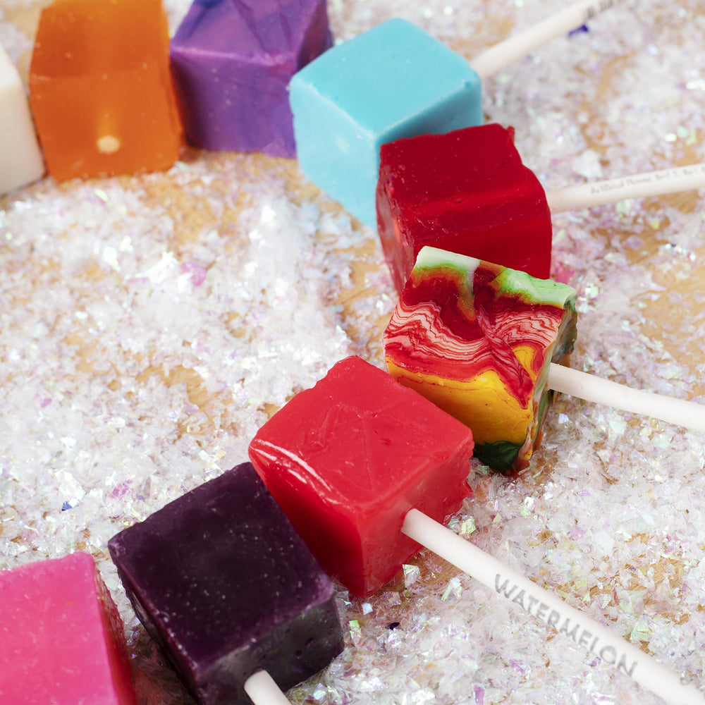 Espeez old-fashioned cube pops on trays, nostalgic tray-cut candy look