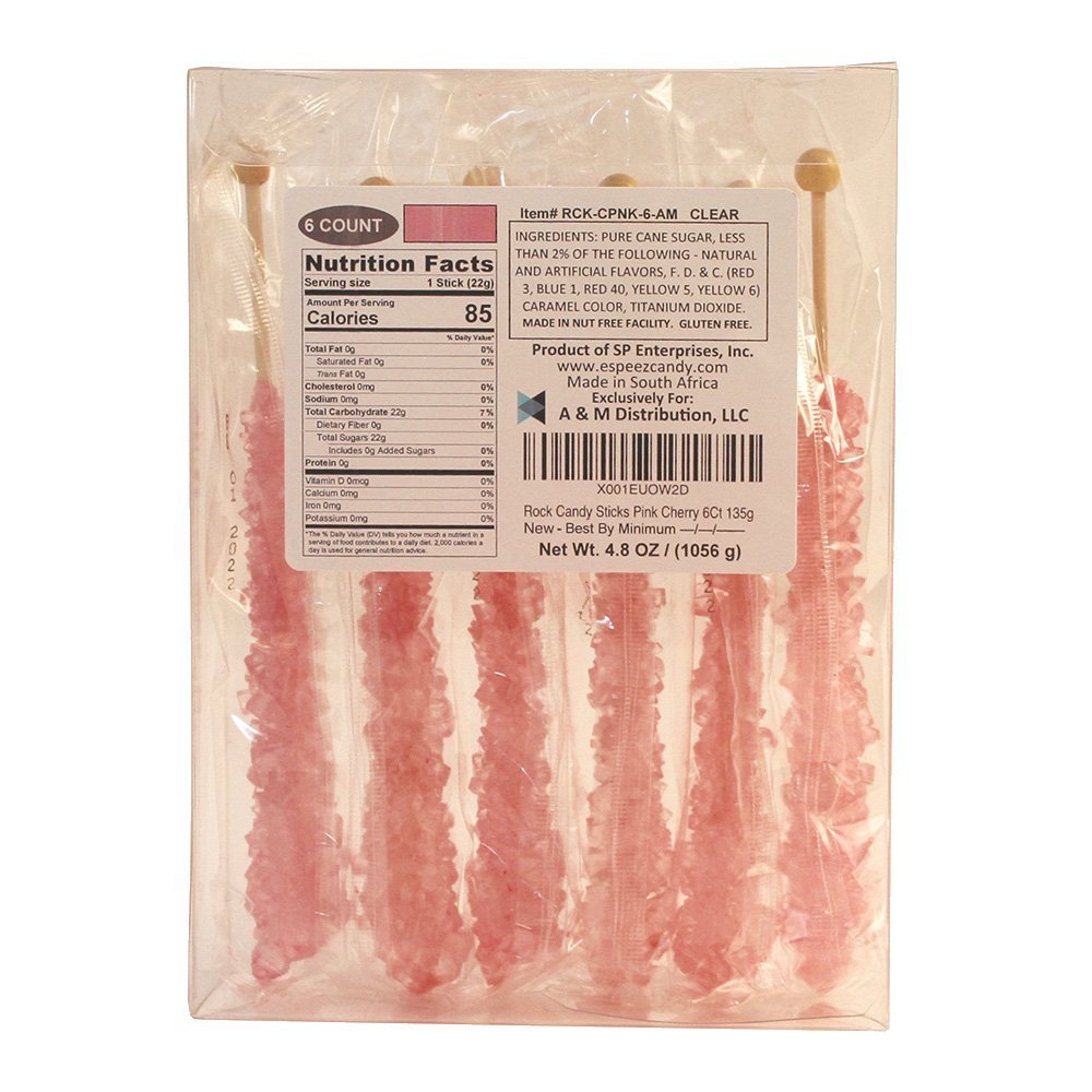 Espeez pink cherry rock candy sticks close-up with vivid color for dessert tables.