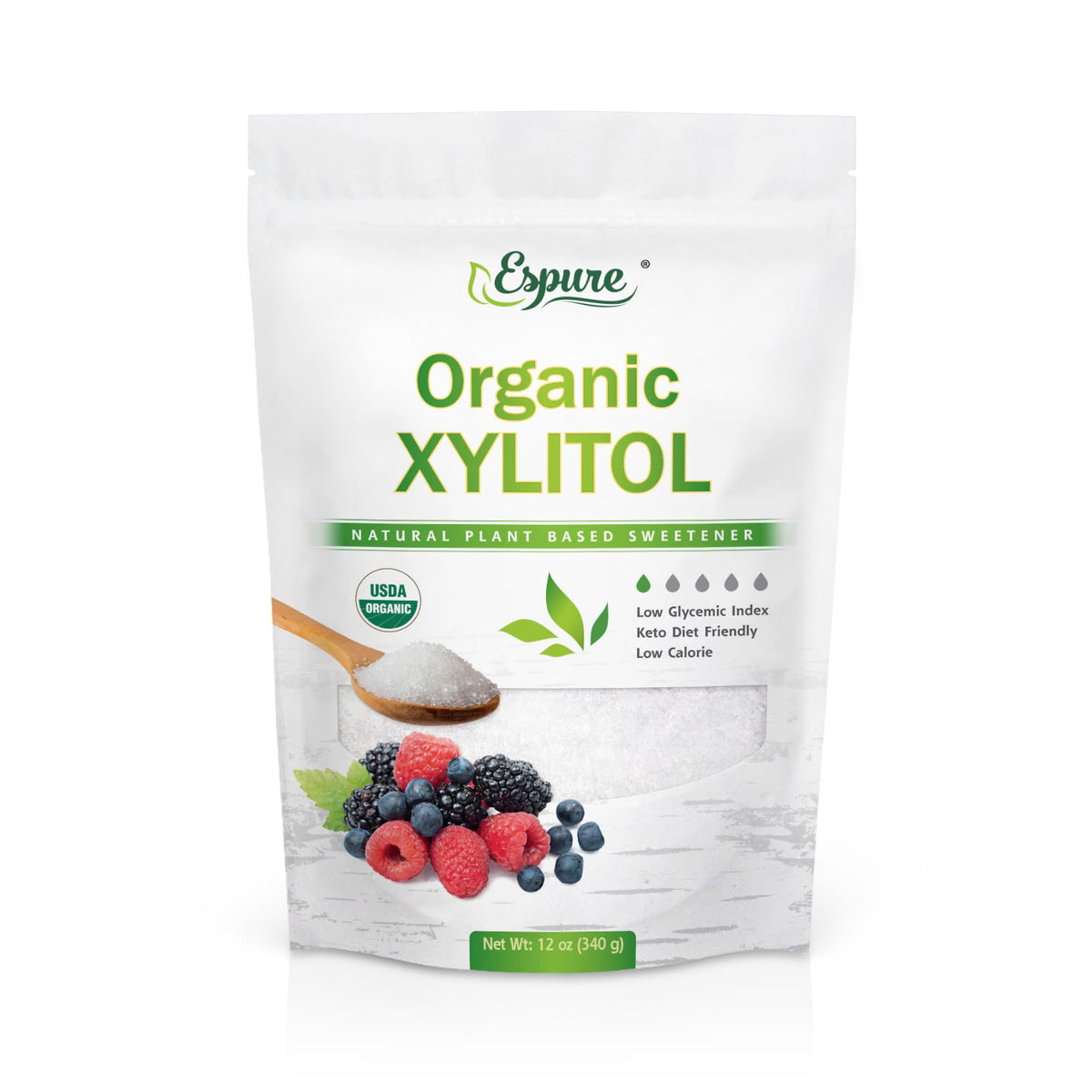 Espure Organic Xylitol 12oz bottle pour for a low-calorie beverage sweetener