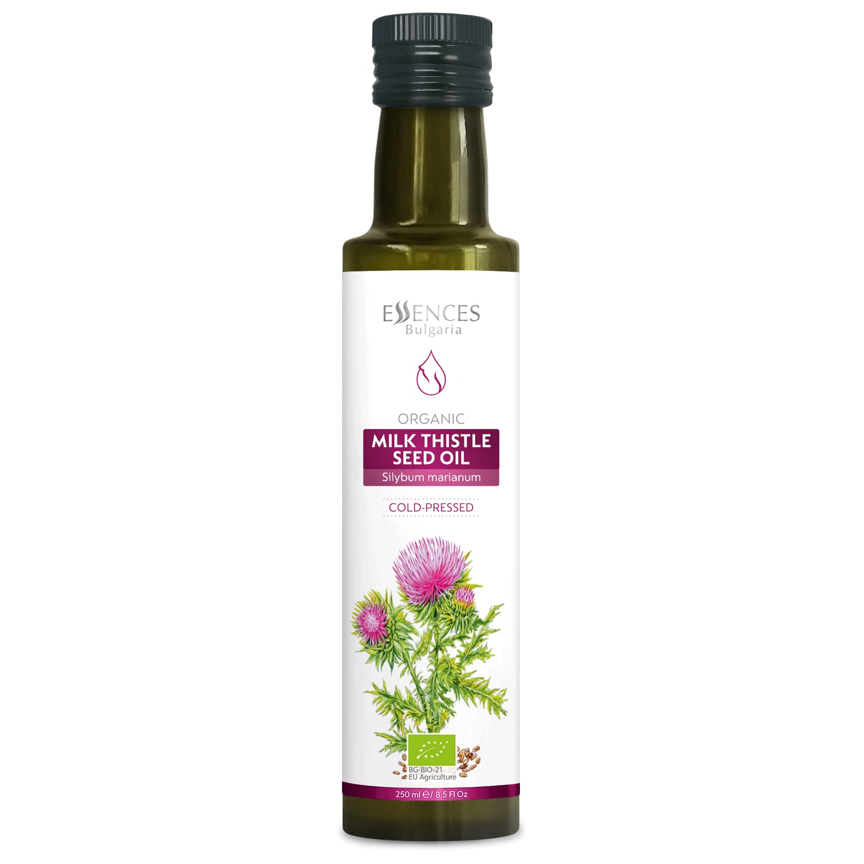 Essences Bulgaria milk thistle oil bottle ready for culinary use