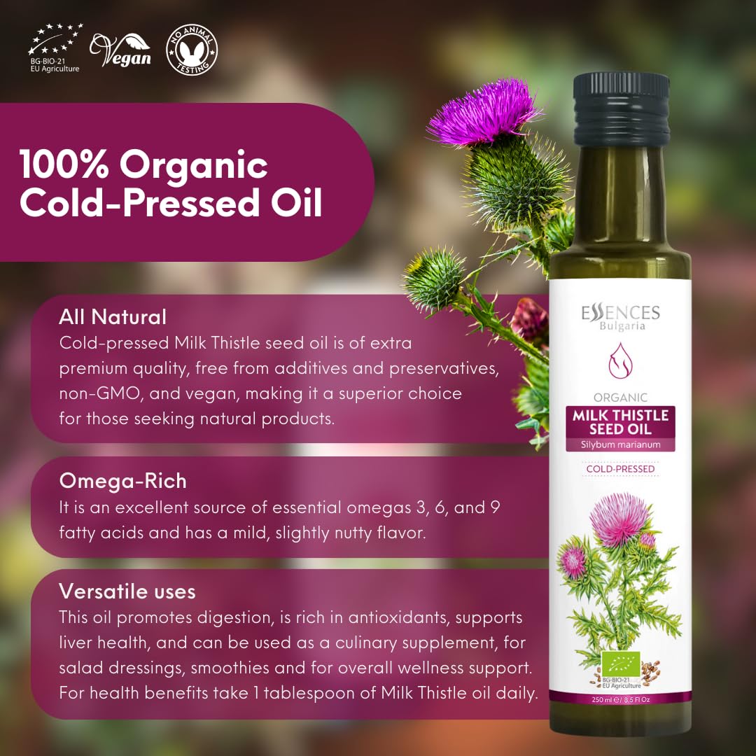 Essences Bulgaria milk thistle oil in a clear glass jar highlighting cold pressed quality