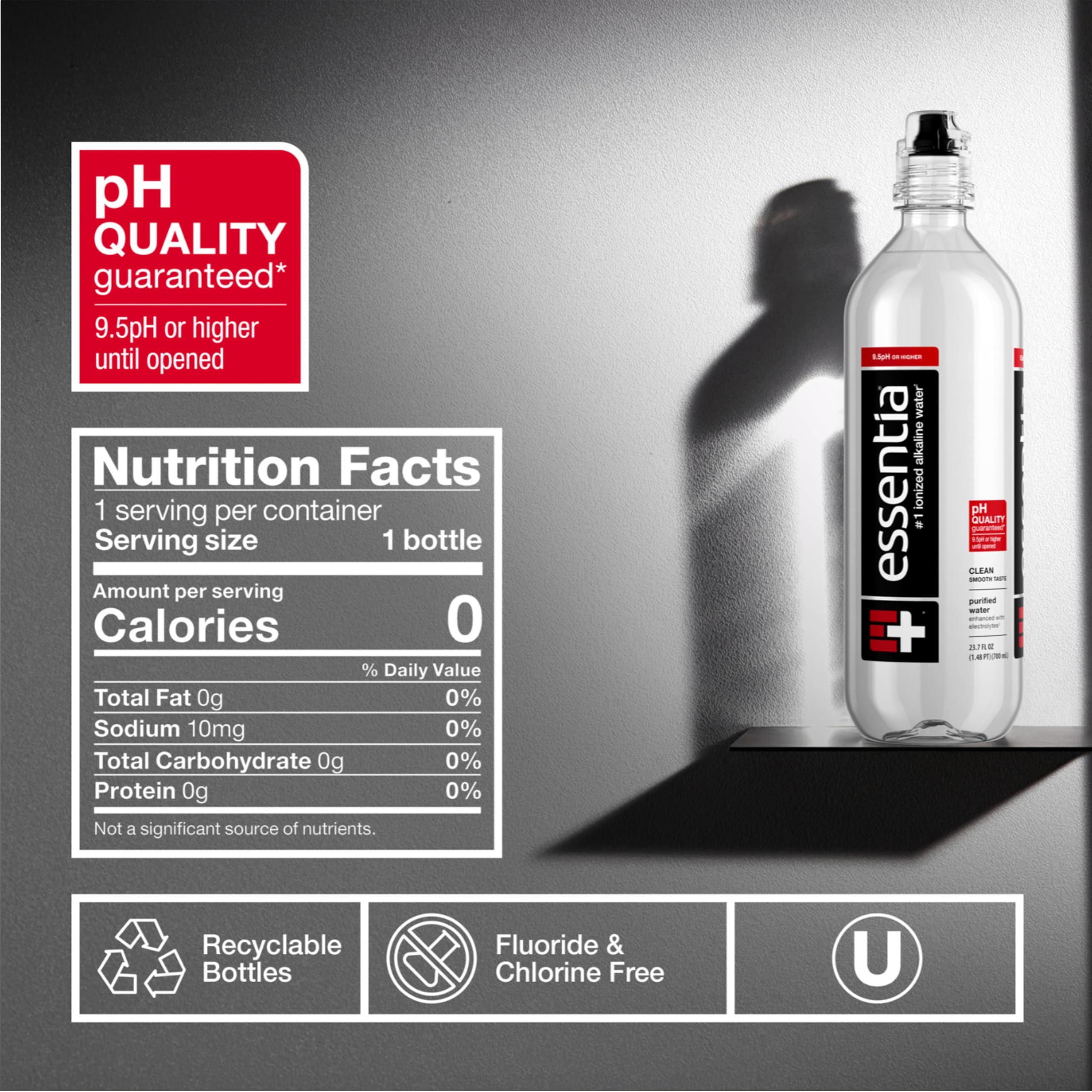 Essentia bottle label electrolytes highlights added minerals for taste and hydration.