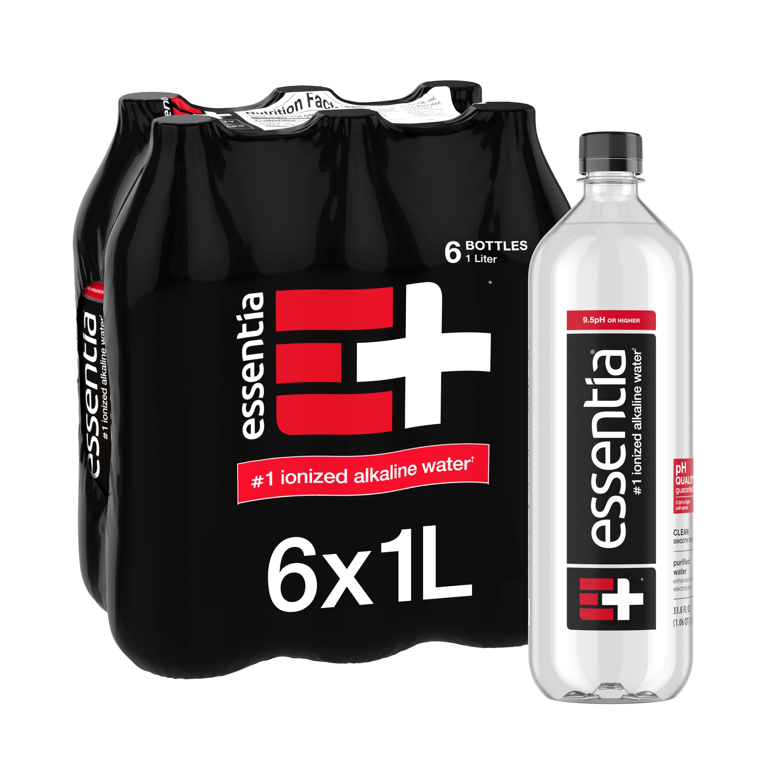 Essentia Water 1L bottles in a six-pack for convenient home and office hydration.