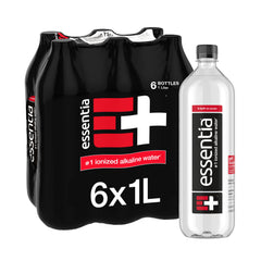 Essentia Water 1L bottles in a six-pack for convenient home and office hydration.