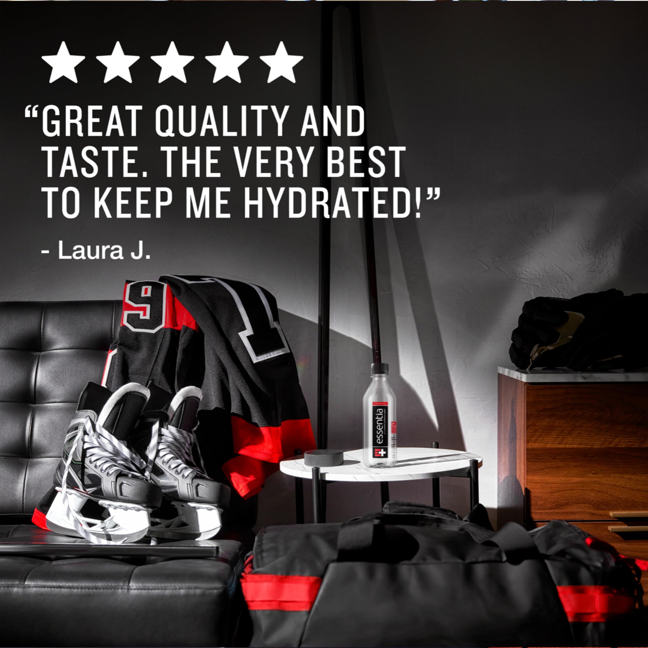Essentia Water 20oz bottle back label with sustainability notes