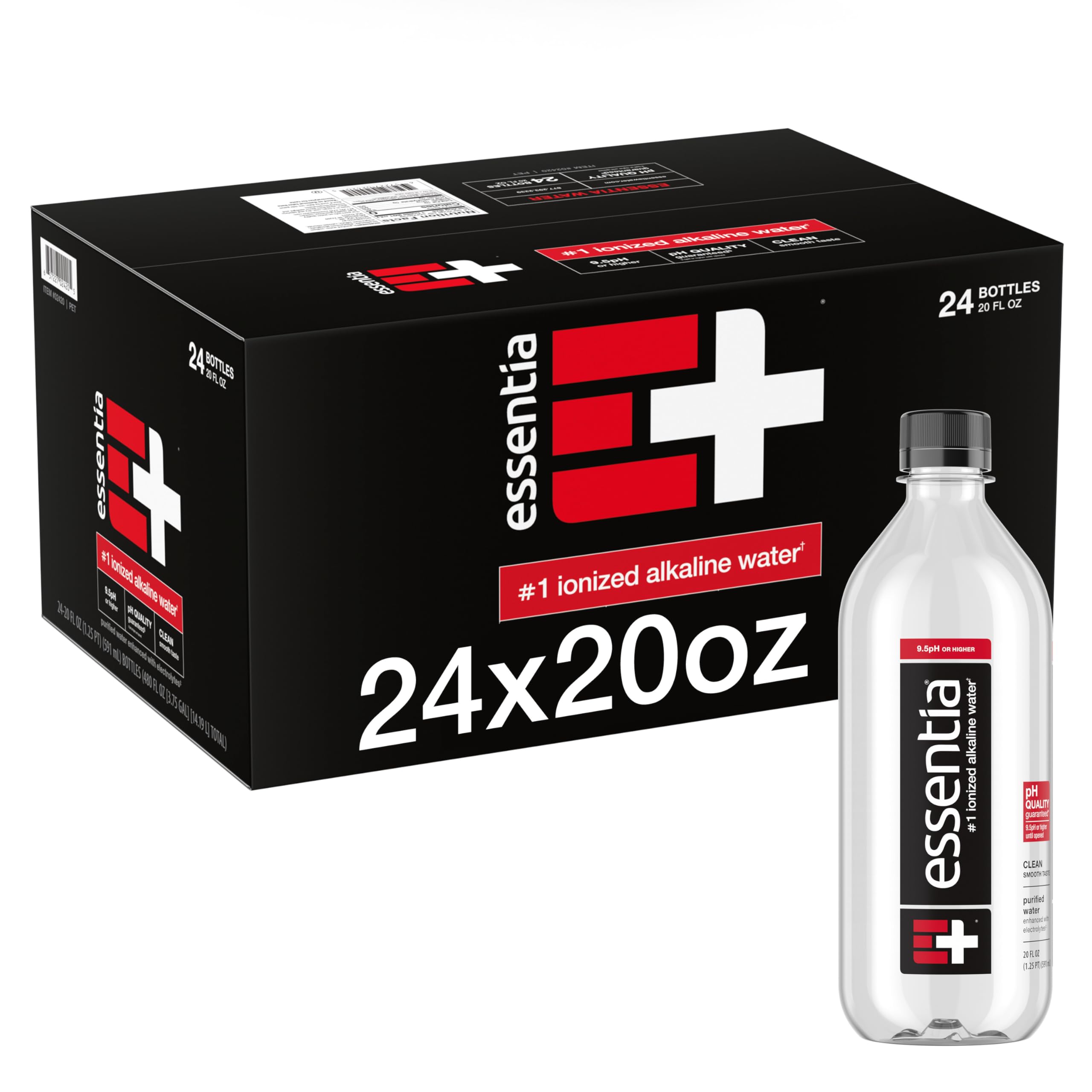 Essentia Water 20oz bottle front view for on-the-go hydration