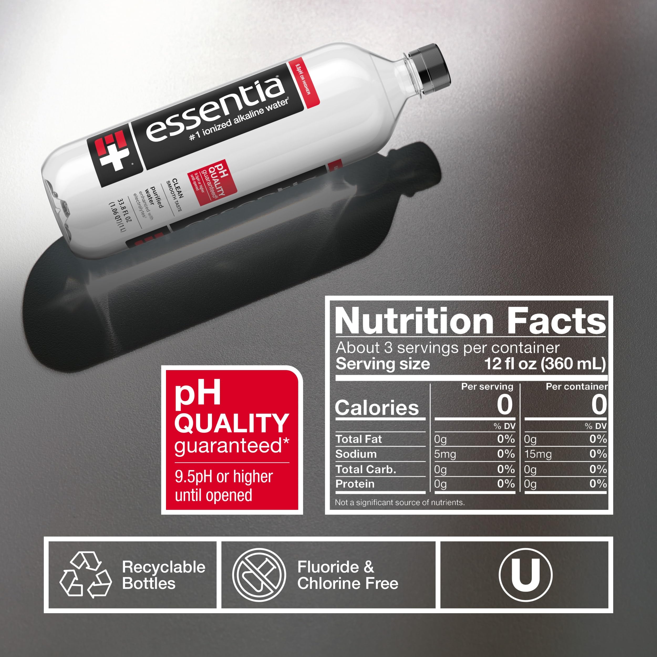 Essentia Water bottle close-up on label highlighting pH 9.5.