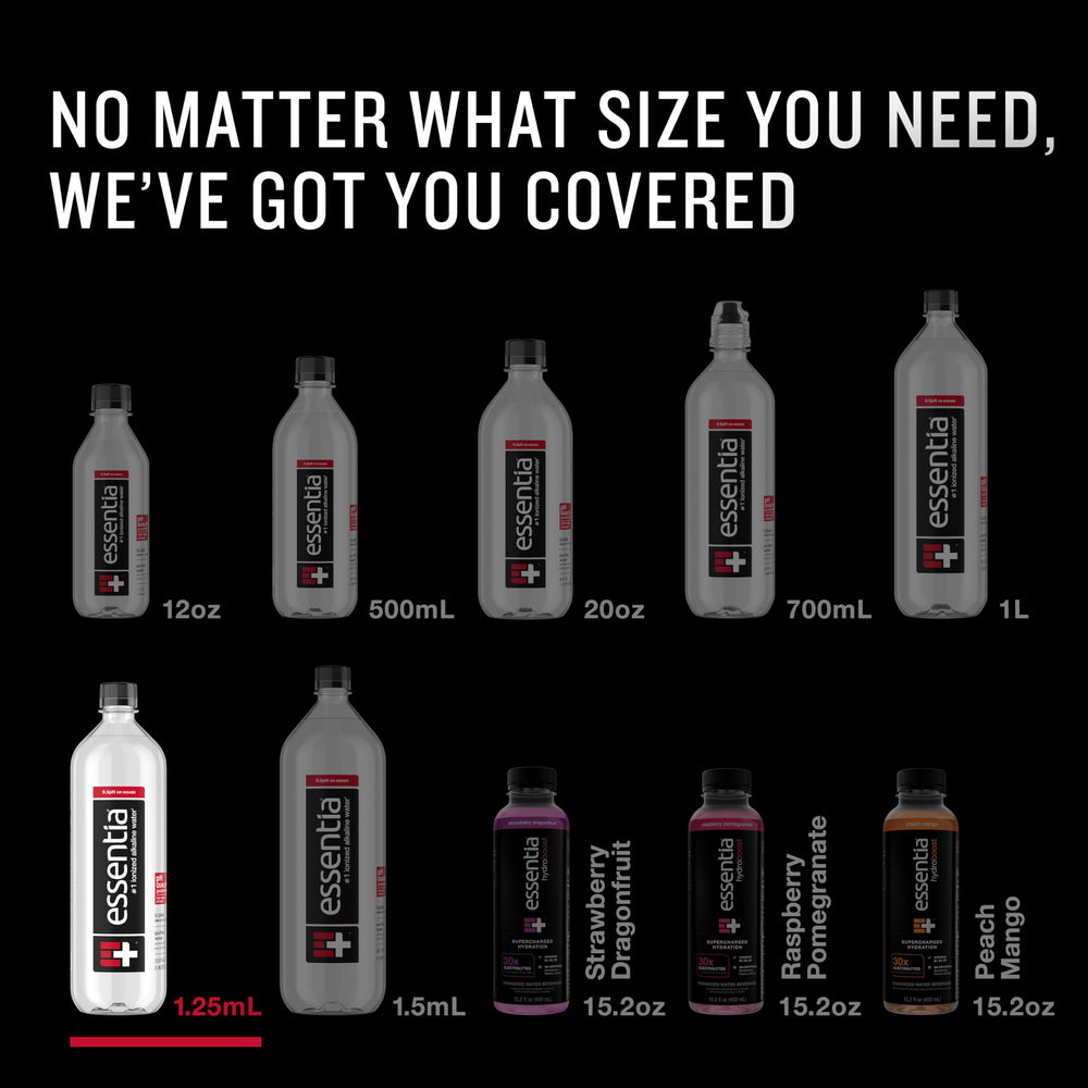 Essentia Water case stacked neatly in kitchen or office space.