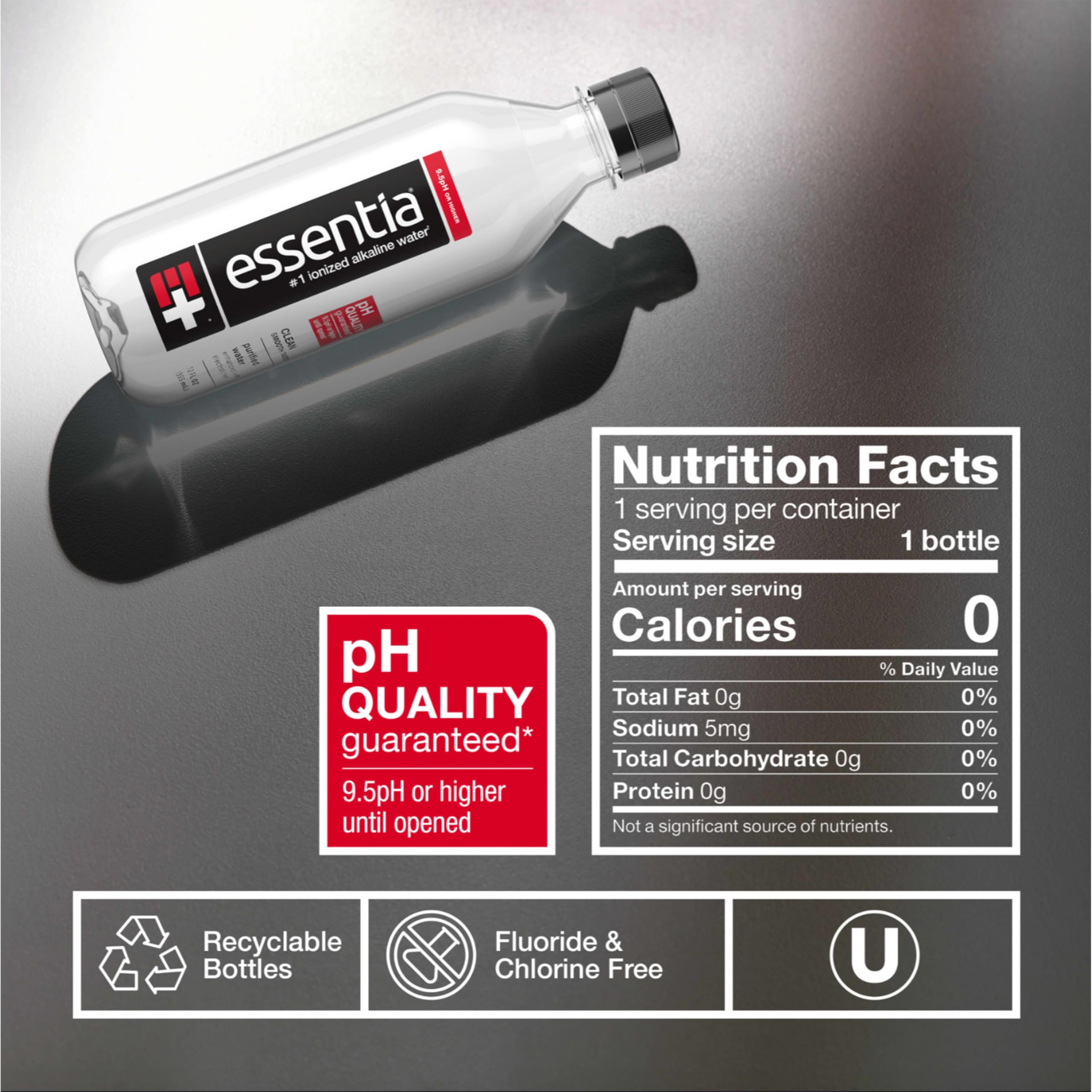 Essentia Water label close-up highlighting purity and 9.5+ pH
