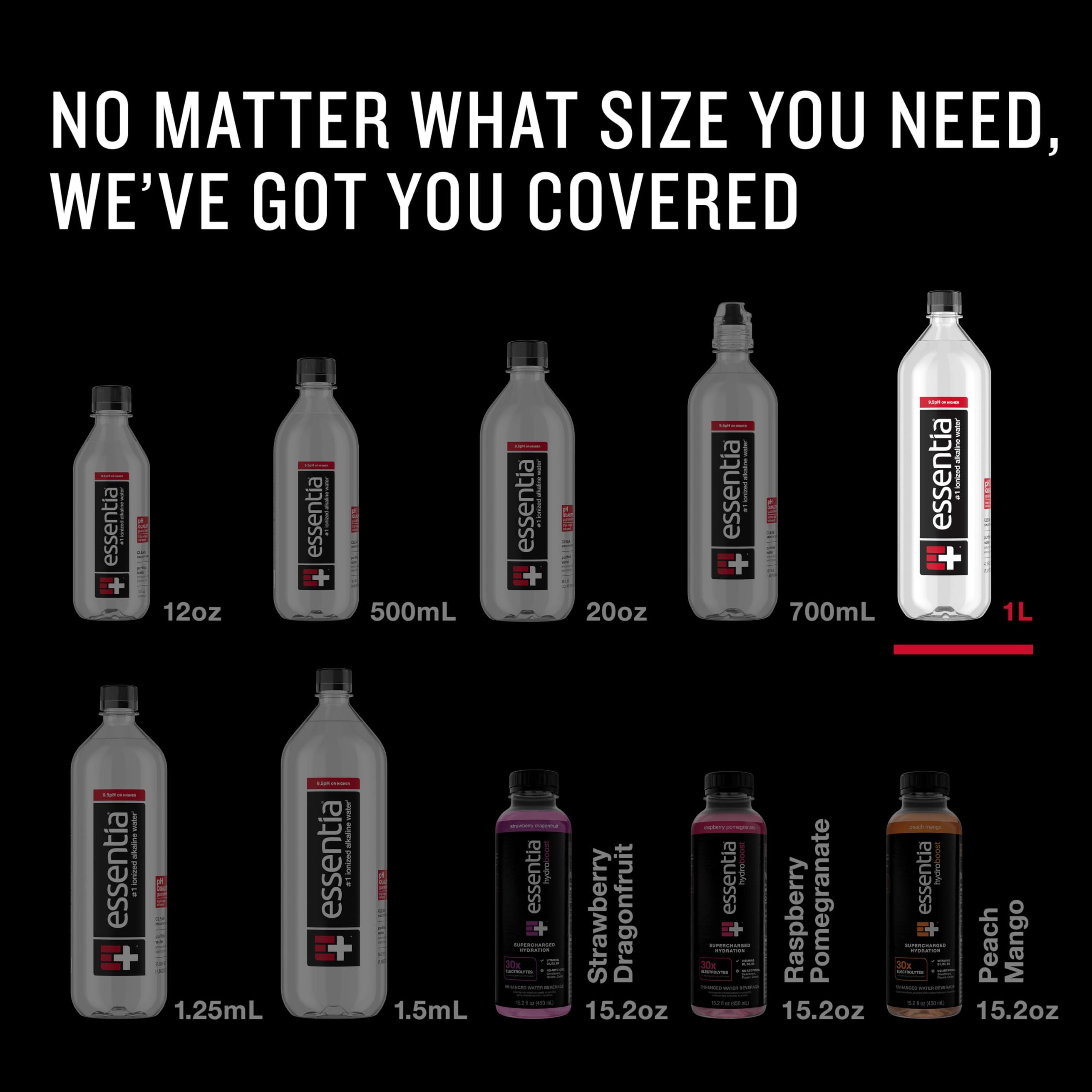 Essentia Water sleek 1L bottle ready for desk, gym, or commute.