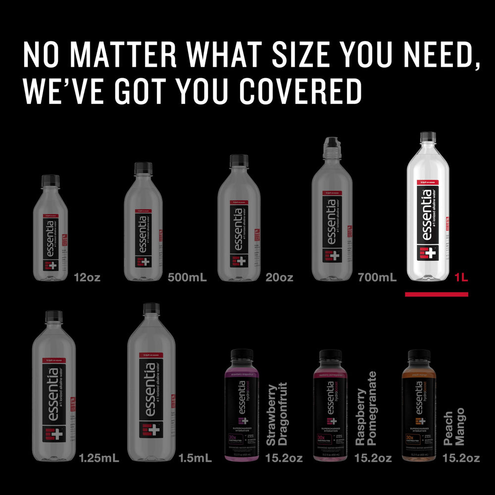 Essentia Water sleek 1L bottle ready for desk, gym, or commute.