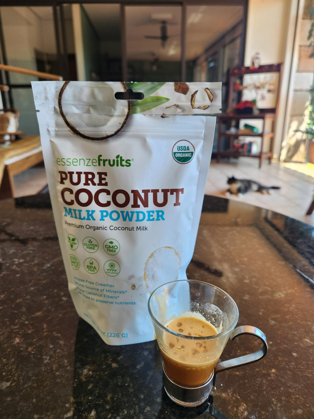 USDA Organic label on Essenzefruits coconut milk powder packaging