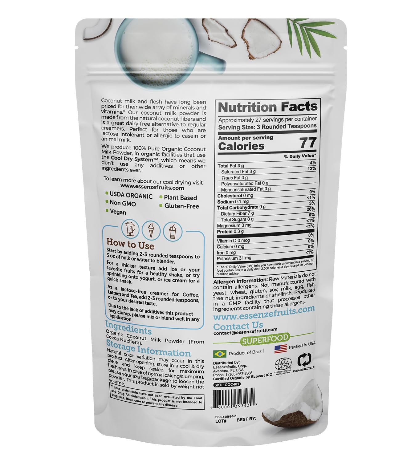 Pouring Essenzefruits coconut milk powder into a glass for dairy-free beverages