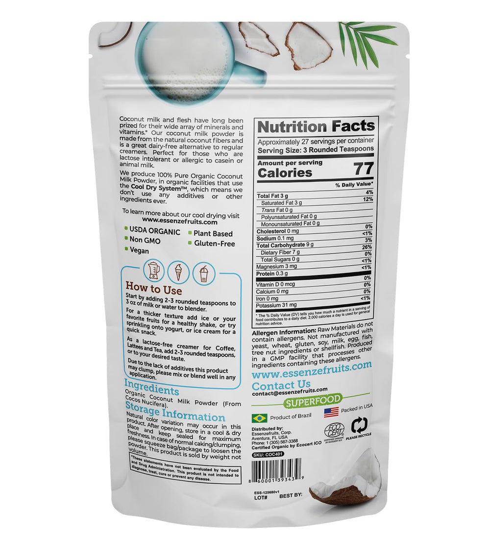Pouring Essenzefruits coconut milk powder into a glass for dairy-free beverages