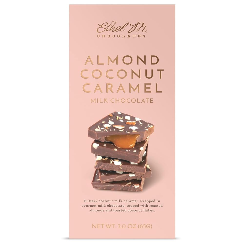Ethel M Chocolates almond coconut caramel bar exterior, premium small-batch treat for chocolate lovers