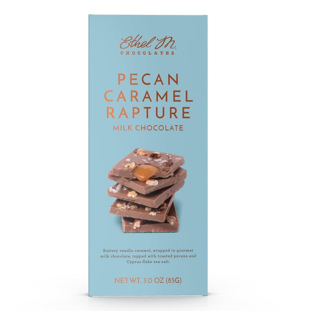 Ethel M small-batch milk chocolate bar with caramel and pecans, premium indulgence for gifting.