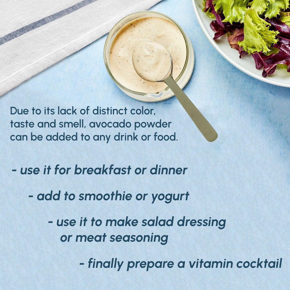 EVADY Avocado Powder used in dressing and salad to enrich flavor and texture.