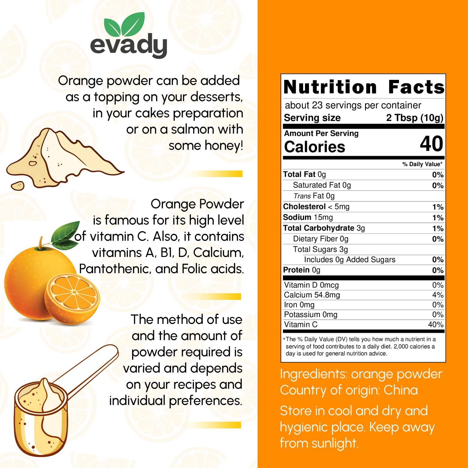 EVADY Orange Powder jar beside ingredients for smoothies and tea flavoring