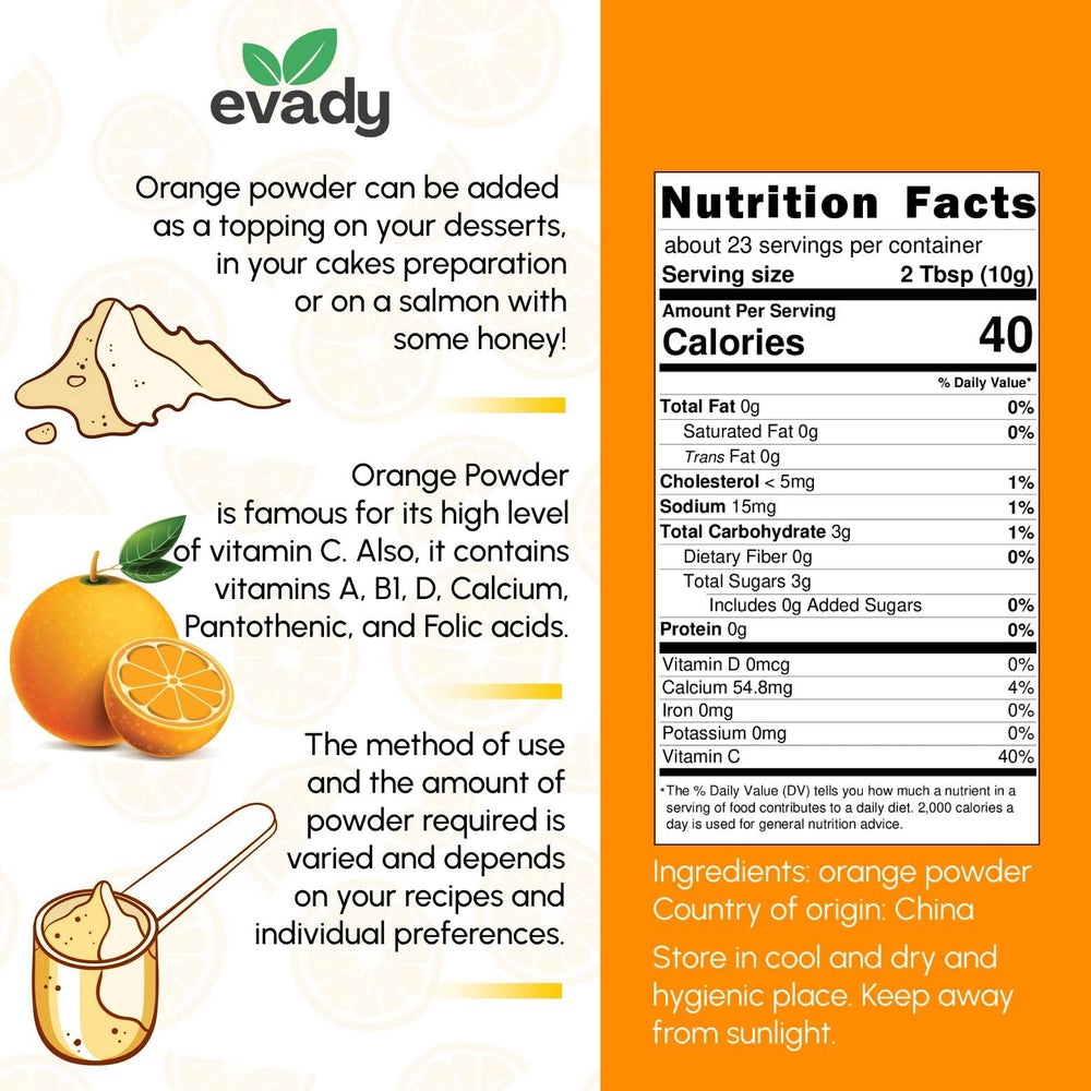 EVADY Orange Powder jar beside ingredients for smoothies and tea flavoring