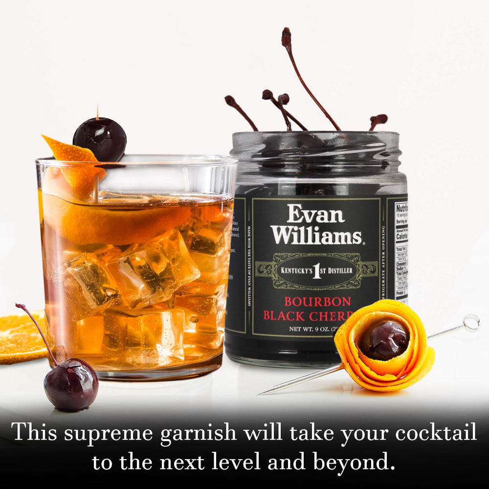 Evan Williams Bourbon Black Cherries cocktail-garnish image showcases rich color for Old Fashioned or Manhattan.