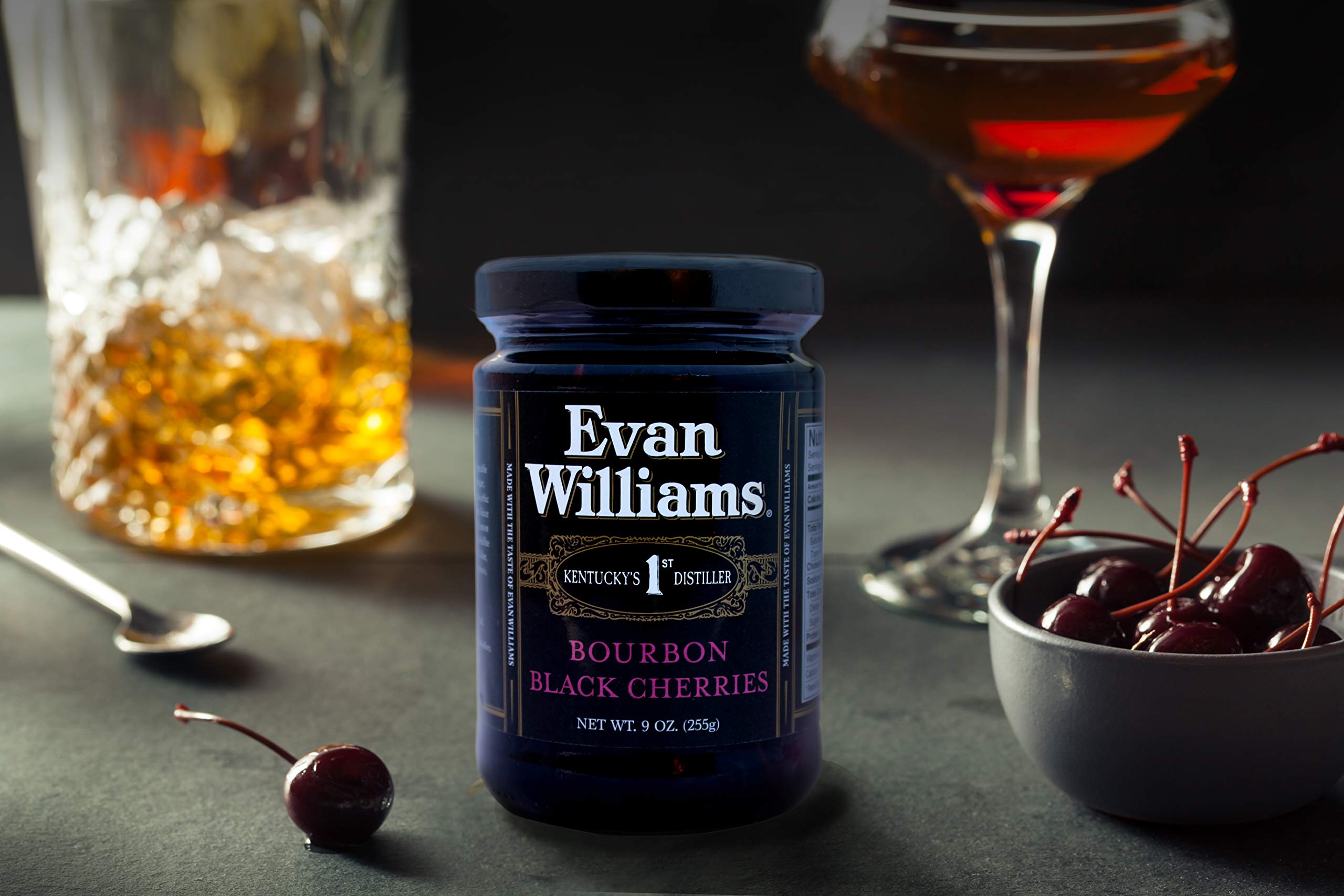 Evan Williams Bourbon Black Cherries jar-open invites you to enjoy ready-to-use garnish and flavor boost.