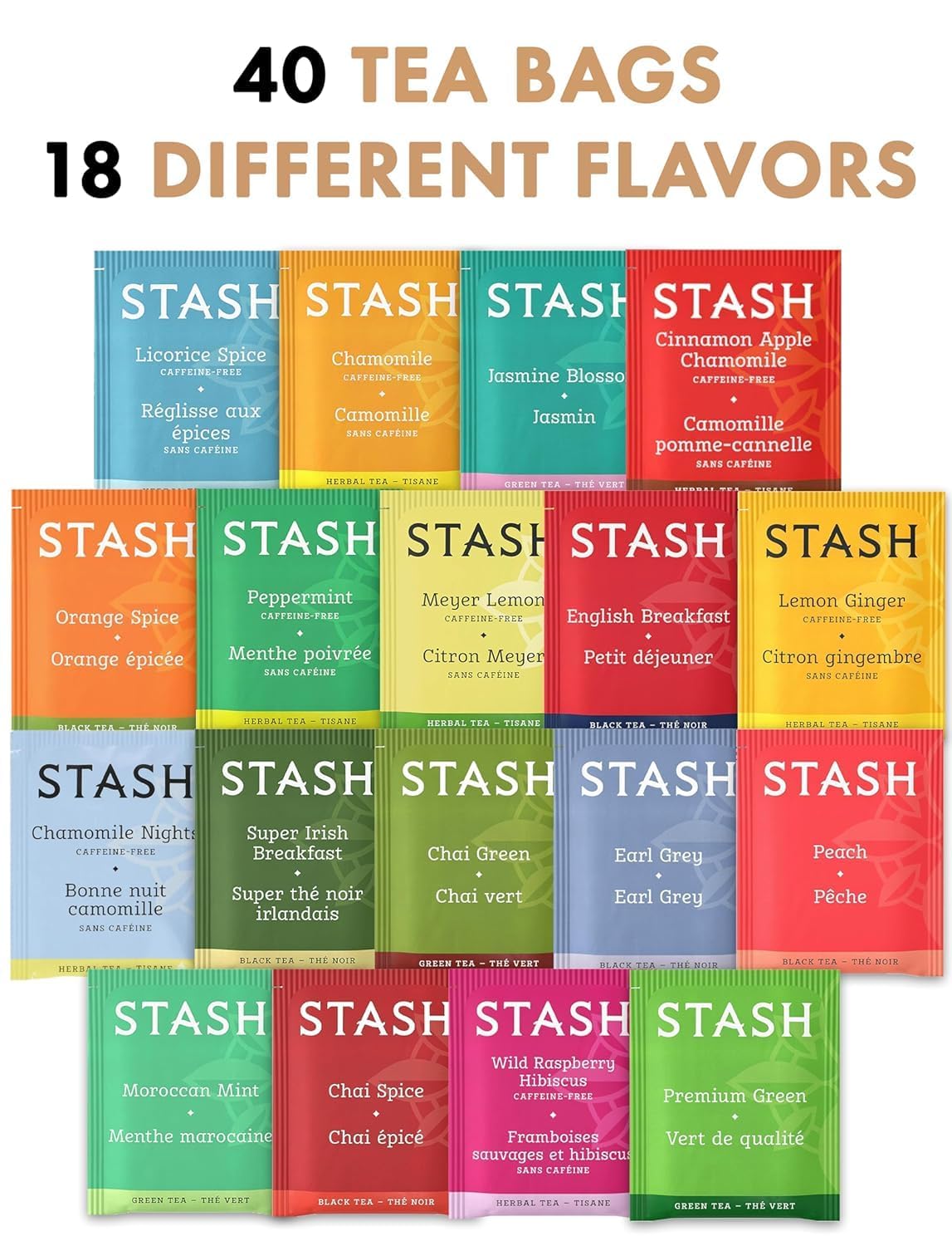 Display of 18 flavors from Eva's Gift Universe stash tea sampler for quick flavor discovery