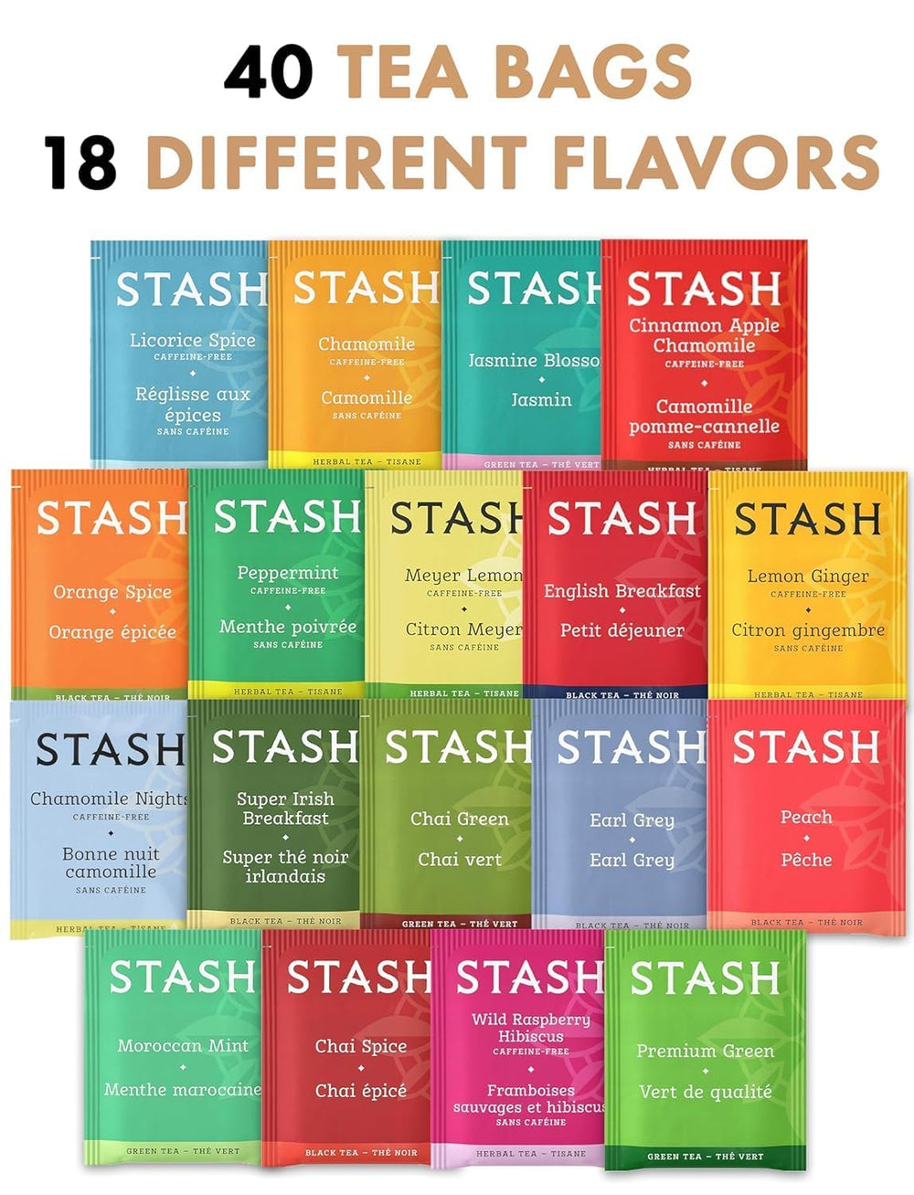Display of 18 flavors from Eva's Gift Universe stash tea sampler for quick flavor discovery