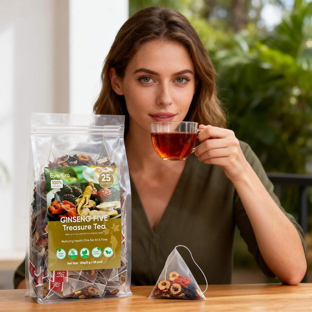 EverEra tea label shows organic ingredients and simple storage tips.