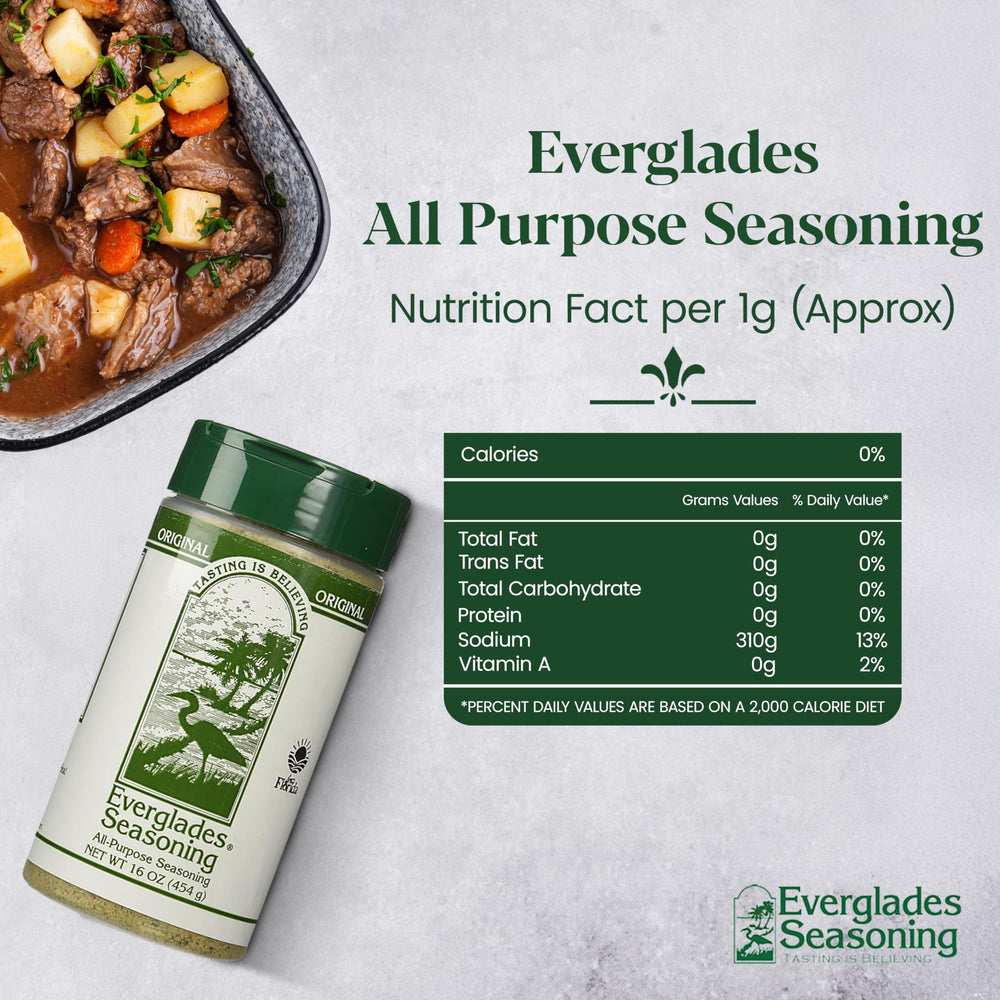 Everglades All Purpose Seasoning bottle label closeup highlighting gluten free blend.
