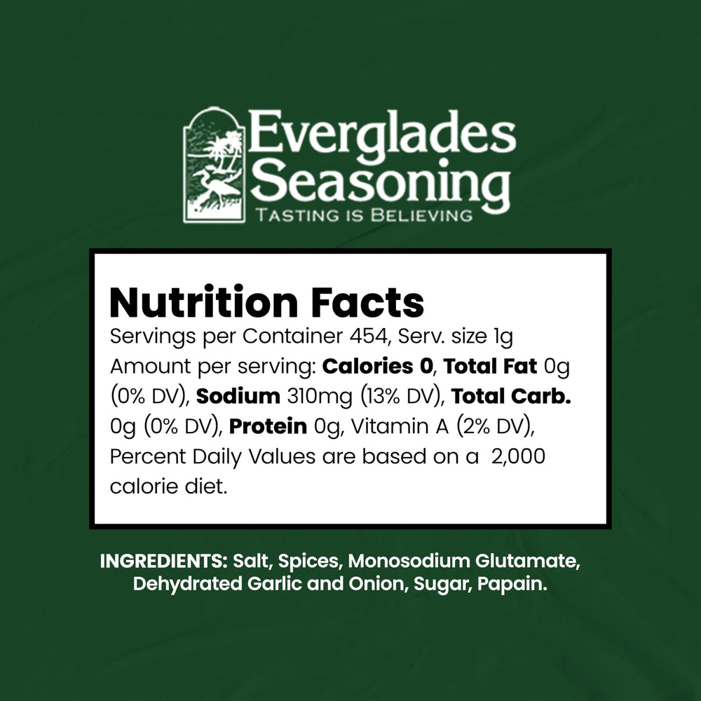 Everglades All Purpose Seasoning bottle with veggies illustrating versatile use.