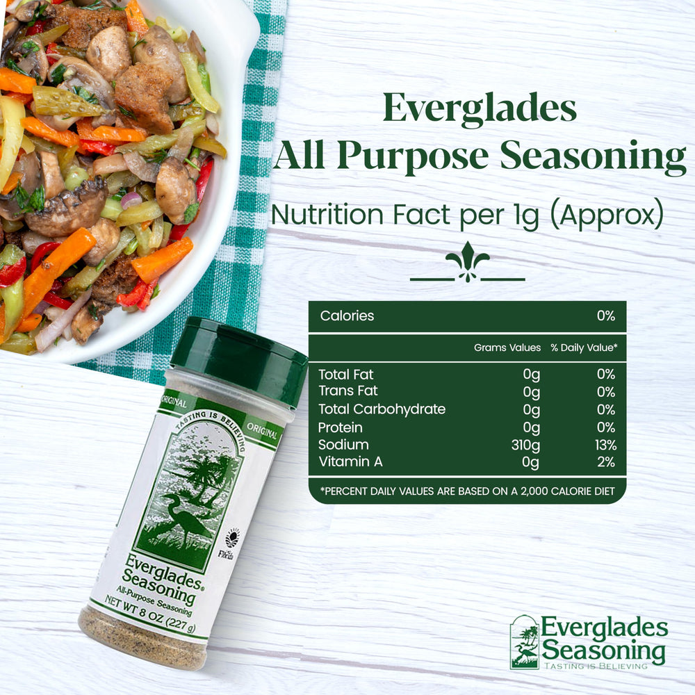 Everglades All-Purpose Seasoning dispense spoon pouring flavor for meats and veggies.