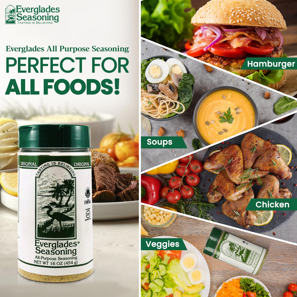 Everglades All Purpose Seasoning dispensed over food to boost flavor on proteins and vegetables.
