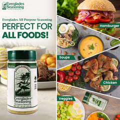 Everglades All Purpose Seasoning dispensed over food to boost flavor on proteins and vegetables.