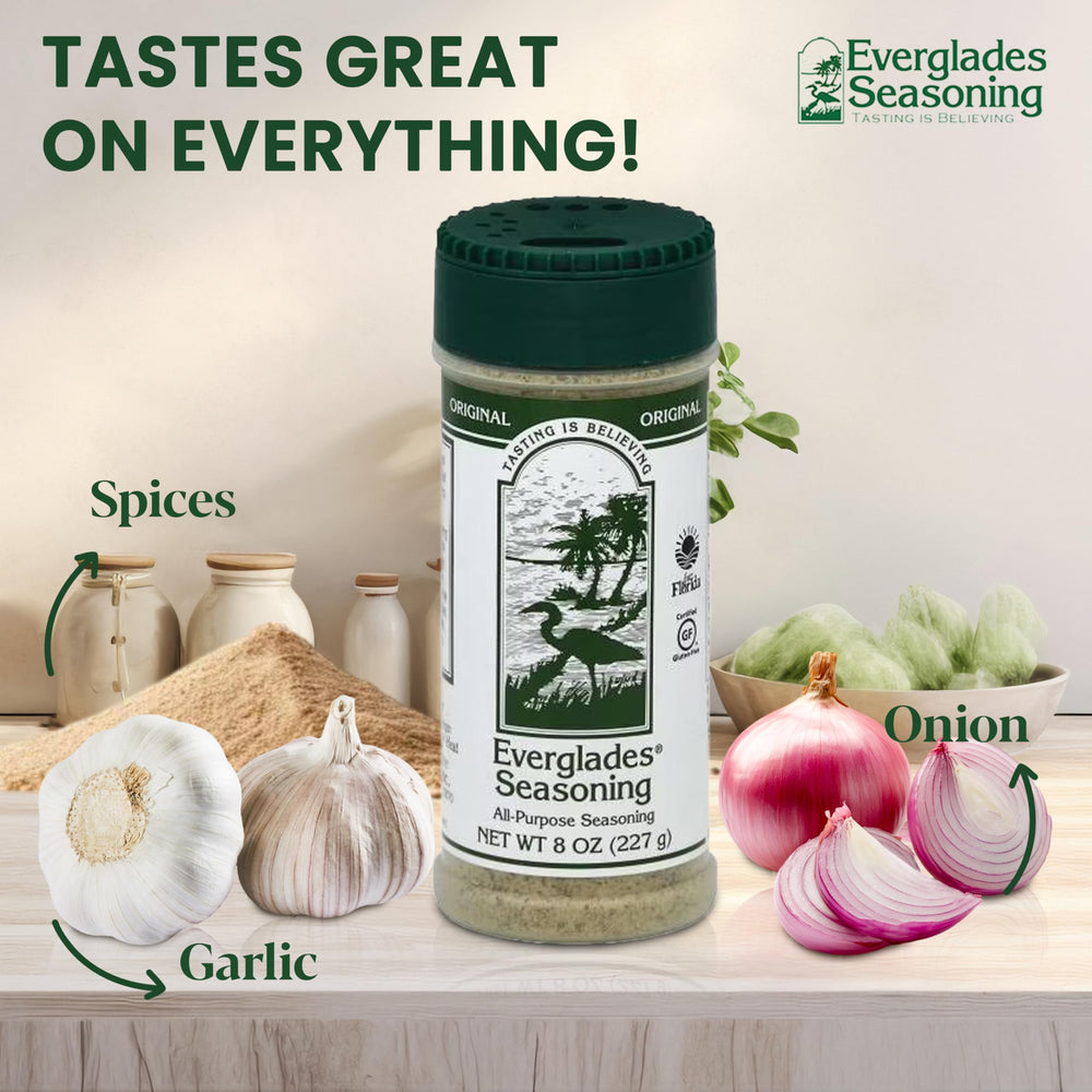 Everglades All-Purpose Seasoning label close-up highlights all-natural, sugar-free formula for everyday meals.