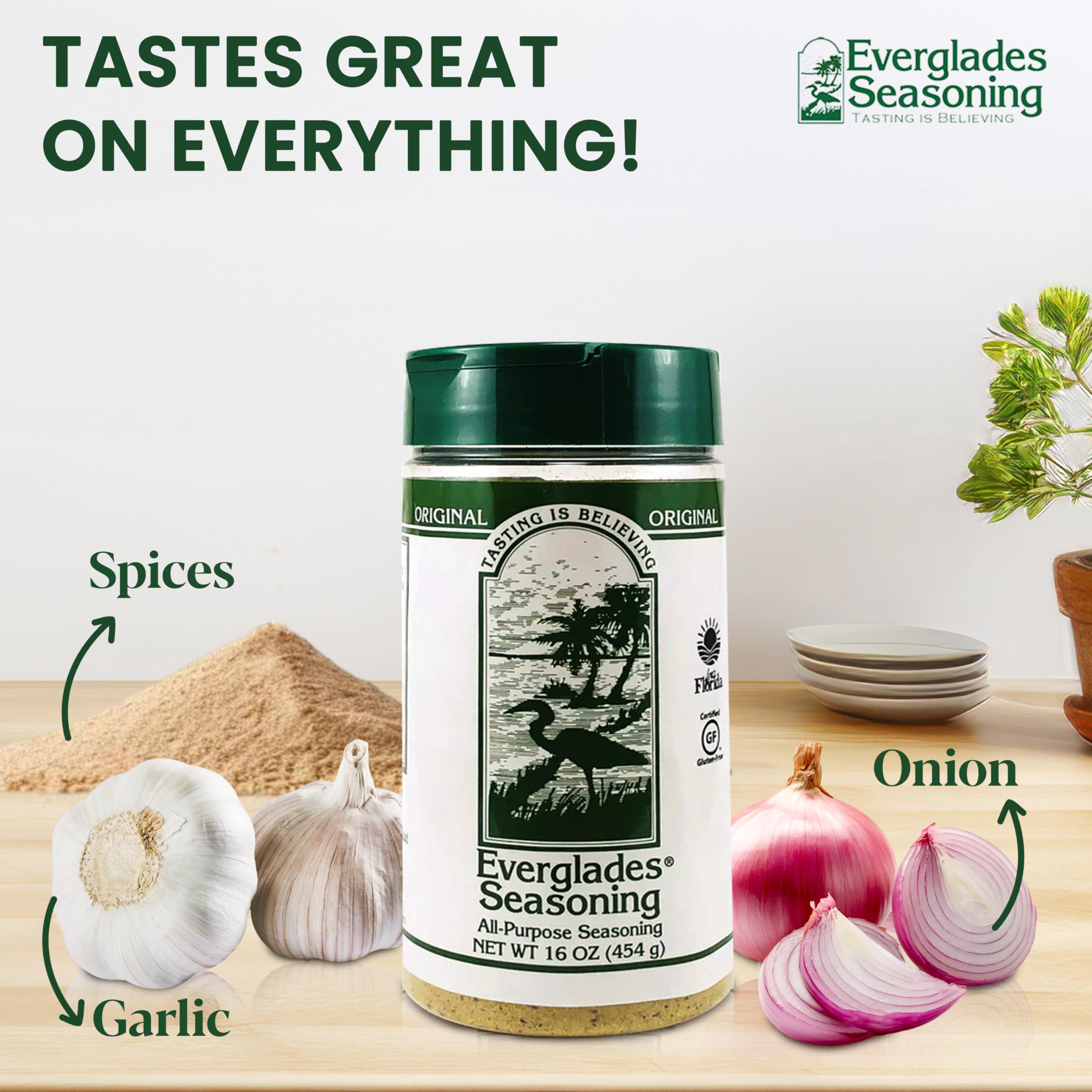 Everglades All Purpose Seasoning shaker on table for everyday cooking.