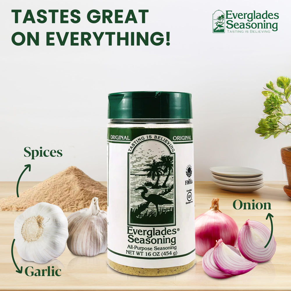 Everglades All Purpose Seasoning shaker on table for everyday cooking.