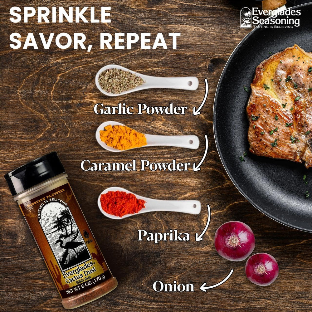 Everglades Cactus Dust BBQ Seasoning dust pour over steaks for crust.