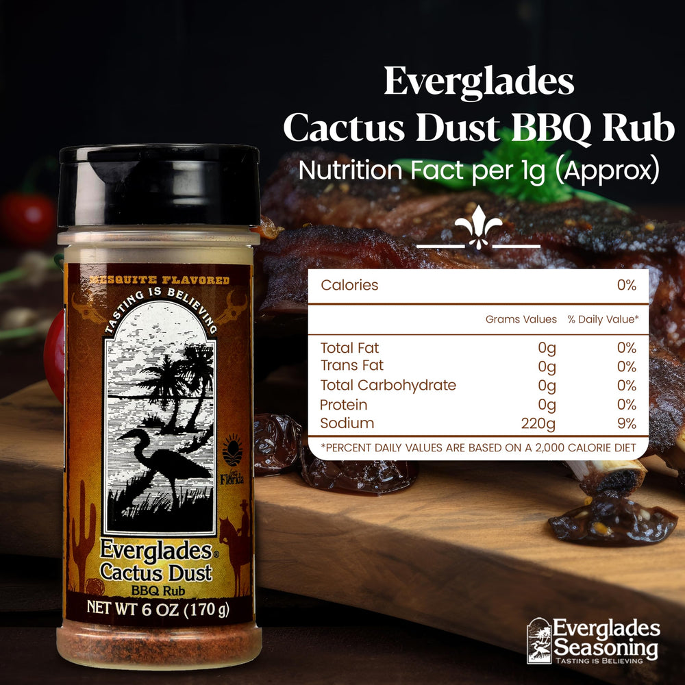 Everglades Cactus Dust BBQ Seasoning jar back shows gluten-free claim and usage ideas.